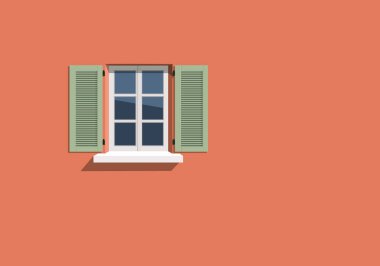 Background of a wall with a window and green shutters on the facade of a house painted in orange.