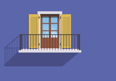 Background of the wall of a house painted in blue, with a window with yellow shutters and a balcony.