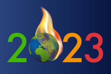 Çevre temalı 2023 tebrik kartı ve yanan dünyanın sembolü olan iklim değişikliğiyle mücadele