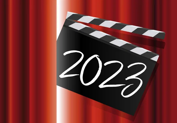 Present New Year Movie Clapperboard Inscription 2023 Passes Red Curtain — Stock Vector