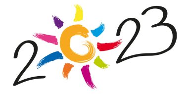 2023 yılı için umut ve iyimserlik kavramına ilişkin tebrik kartı, çok renkli güneş ışınlarının sembolü.