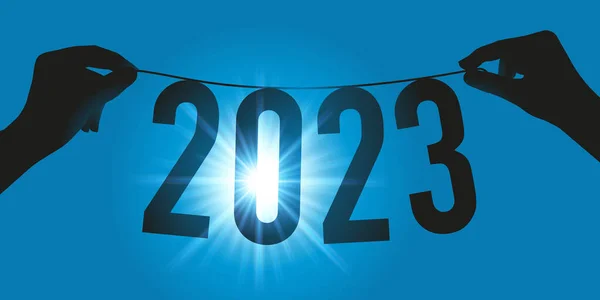 Üdvözlőlap Képviseli Reményt Jövőt 2023 Ban Egy Koszorúval Kezében Szemben — Stock Vector