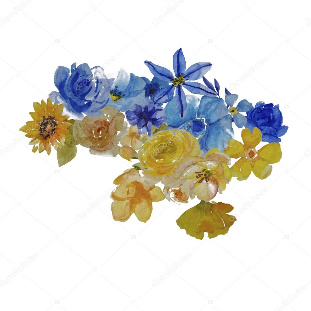 Watercolor vector illustration. Ukrainian map made with blue and yellow flowers - colors of Ukrainian flag.