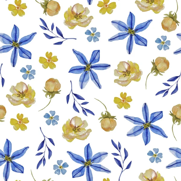 Padrão Aquarela Floral Sem Costura Flores Azuis Amarelas Desenhadas Mão — Vetor de Stock
