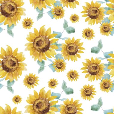 Kusursuz desenli suluboya el çizimi ayçiçeği vektör çizimi.