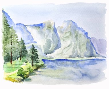 Avusturya, Obertraun 'da elle çizilmiş suluboya dağlar