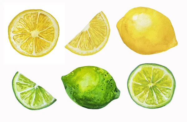Watercolor Set Yellow Lemons Green Fresh Limes Six Separate Elements — Foto de Stock