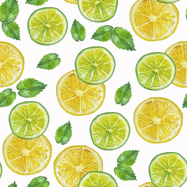 Watercolor Hand Drawn Seamless Pattern Fresh Green Lime Yellow Lemon — Fotografia de Stock