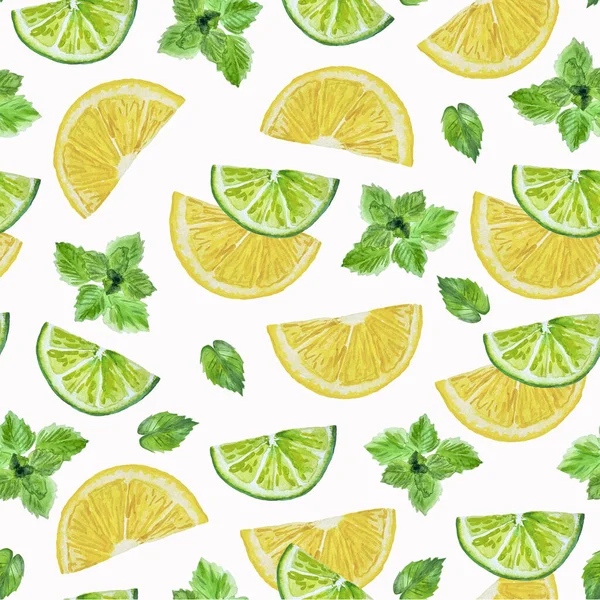 Watercolor Seamless Pattern Lime Lemon Slices Mint — Fotografia de Stock