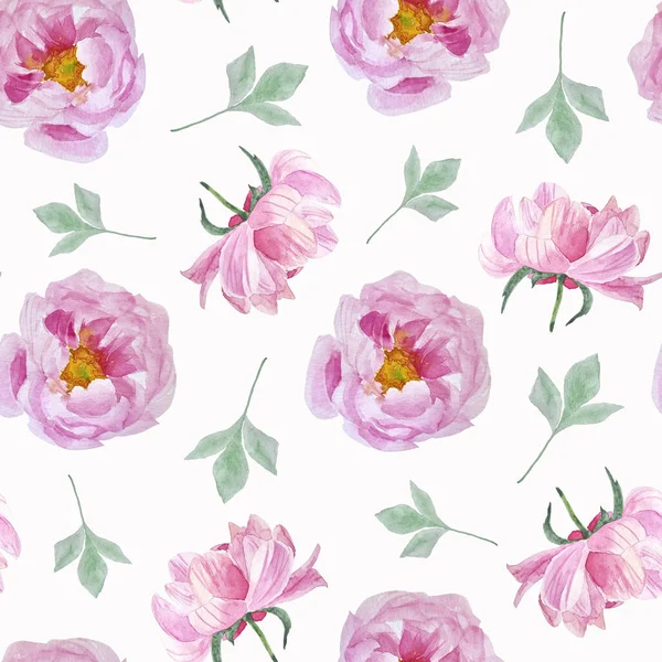 Watercolor Seamless Pattern Pink Peonies Leafs White Background — ストック写真