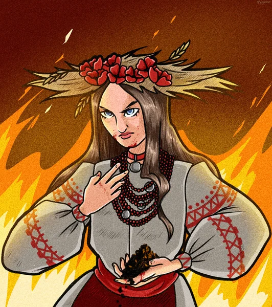 Ukrainian Woman National Costume Background Fire War Ukraine — стокове фото