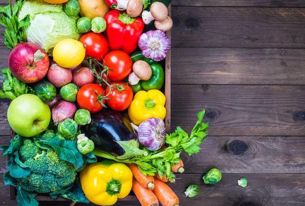 Vegetables and fruits in box copy space background.Organic farm shop, delivery service local market organic food.