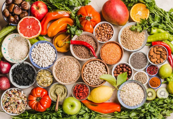 Healthy food various food, fruits, vegetables, legumes, cereals, spices. 