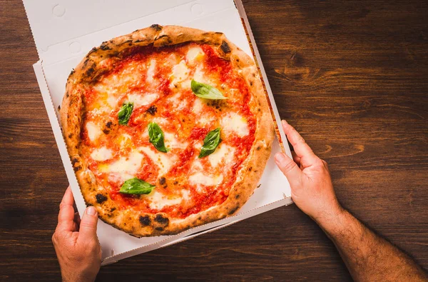 Pizza on wood background copy space delivery menu concept, hands holding pizza.