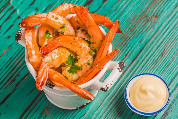 Shrimps appetizer plate and sauce, shrimps cocktail copy space background.