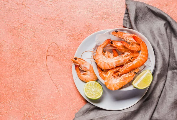 Cooked shrimps plate copy space top view background.