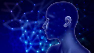 Mavi zemin üzerinde yapay ışık bulunan bir kafa profilinin 3D görüntülenmesi.