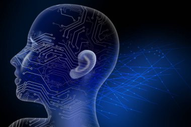 İnsan kafası ile mavi beynin 3 boyutlu çizimi