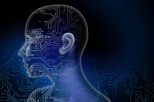 Yapay zekası ve dijital çipi olan insan beyni sistemi. Bilgisayar teknolojisi konsepti. 3d oluşturma