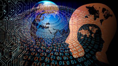 Bilgisayar ve dünya kavramının soyut elementlerine sahip dünya küresi, küresel teknoloji, internet ağı,