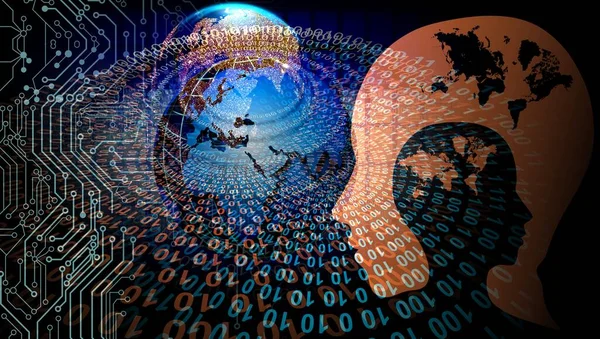 Bilgisayar ve dünya kavramının soyut elementlerine sahip dünya küresi, küresel teknoloji, internet ağı,