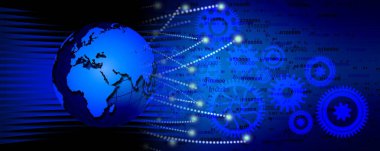 Soyut teknoloji geçmişi. Yerkürede parlayan dişliler. vektör illüstrasyonu.