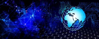 İnternet ve teknoloji kavramsal olarak dünya ve dünya haritasının parlayan çizgileri ve elementleri ile üç boyutlu çizimi