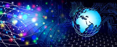 Parlak çizgiler ve noktalarla soyut bir arkaplan. İnternet ve teknoloji kavramı. 3d oluşturma