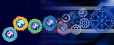 Vites ve dişli tekerlekleri olan soyut bir arka plan. 3d oluşturma