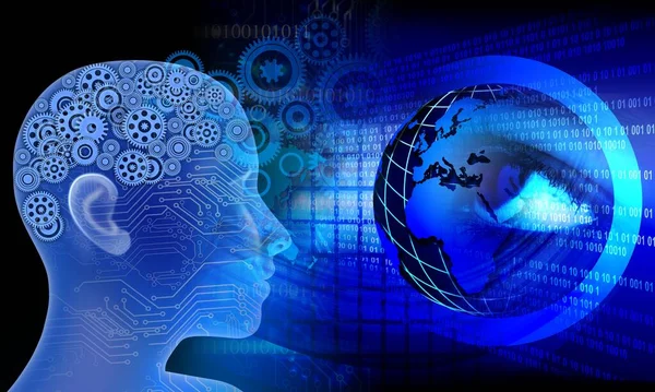 dijital yapay zeka konsepti. Dişliler ve ikili kodlu soyut arkaplan.