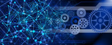 Vites ve dişli tekerlekleri olan soyut bir arka plan. Teknoloji konsepti 3d oluşturma