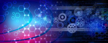 Altıgen ve dişli tekerlekleri olan soyut bir arka plan. Teknoloji konsepti 3d oluşturma