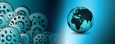 Vites ve dişli tekerlekleri olan soyut bir arka plan. 3d oluşturma