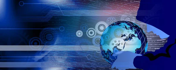 Dünya haritası ve küresi ile teknoloji arka planının dijital bileşimi