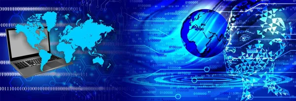 Mavi arka planda dizüstü bilgisayar ve dünya küresi ile küresel teknoloji kavramı