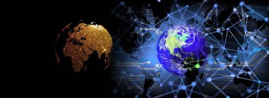 Dünya haritası ve küresi olan dijital dünya. 3d oluşturma