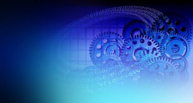 Çarklar, dişliler ve dişliler ile soyut mavi ve beyaz arkaplan.