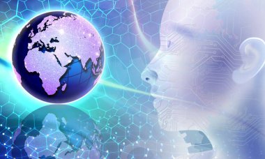 küresel ağ. Mavi üzerinde dünya haritası olan soyut bir arkaplan. 3d illüstrasyon