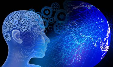 İnsan beyni ve dişli çarklar. 3D illüstrasyon, teknoloji sembolü.