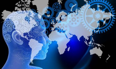 Vitesli ve dişli dijital dünya haritası. vektör illüstrasyonu