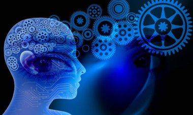 mavi ve parlak dişliler ve vites tekerlekleri ile siyah arka planda beyin