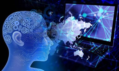 İnsan beyni, teknoloji ve internet kavramı, yapay zeka, sanal gerçeklik. 3d illüstrasyon