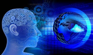 Bilgisayar ve dünya haritalı soyut dijital duvar kağıdı, teknoloji kavramı arka planı