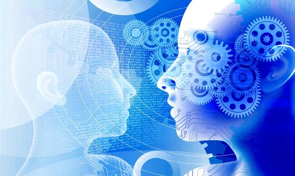 Çarkları ve dişlileri olan insan beyninin başı. 3d illüstrasyon