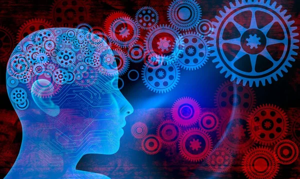 brain with gears and cogwheels on a dark background 3d illustration