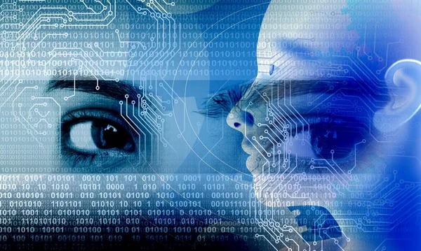 Dijital ikili kodlu bir kadın gözünü kapat ve yapay zekanın arka planına karşı yüzünü.