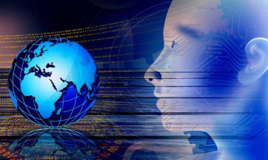 Dünya haritası, bilim ve internet kavramına sahip bir adam ve bilgisayar arkaplanının 3D görüntülenmesi