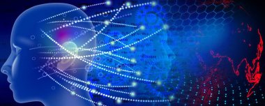 Beyin bilimi ve teknoloji, insan silueti ve koyu arkaplanda soyut çizgiler.