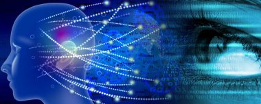 Beyni olan insan kafası ve karanlık arka planda ikili kod. Yapay zeka konsepti. 3d illüstrasyon