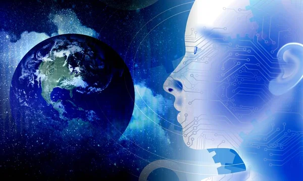 İnsan beyni uzayda ekranda. Bilim ve internet kavramı